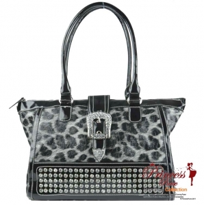 Designer Inspired Animal Print Glossy Leatherette Hand Bag w/ Flip-over Buckle and Rhinestone Decor